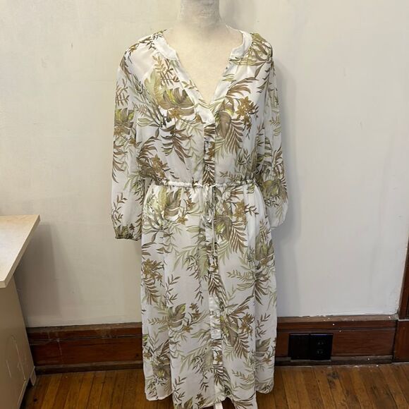 41 Hawthorn cream palm tree long sleeve sheer button front dress Size MP New - Picture 1 of 13